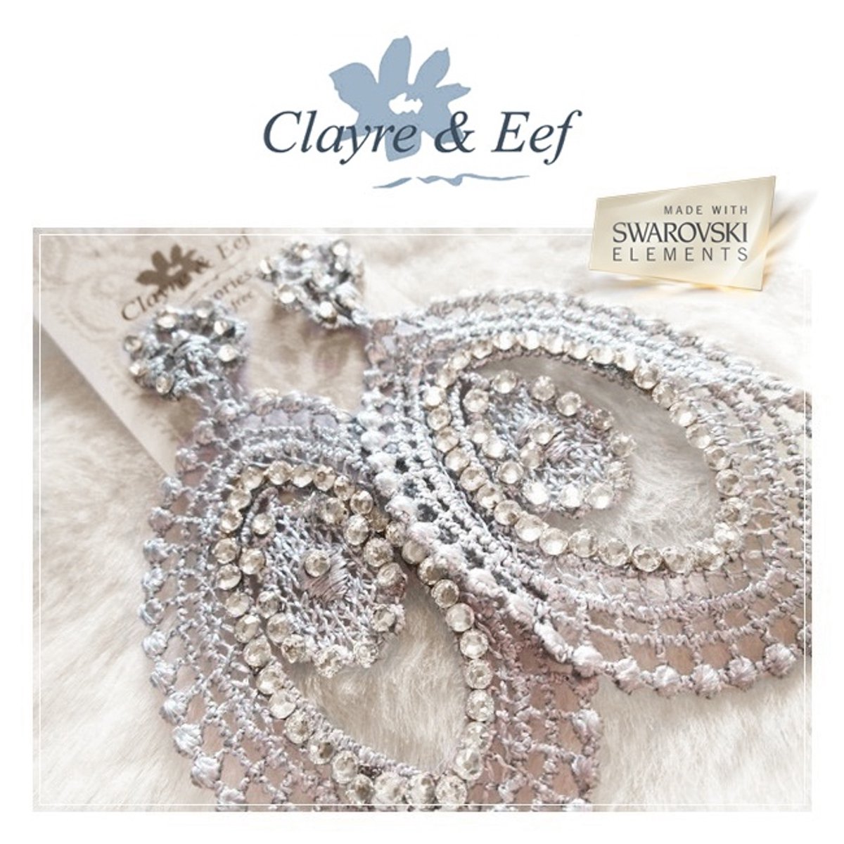 Fashion Jewelry - C&E – Ovale oorstekers / oorhangers – kant / lace stof – grijs - Swarovski elements - crystal blank - 8,5 x 5 cm – volwassenen jeugd – dames meisjes – casual feest