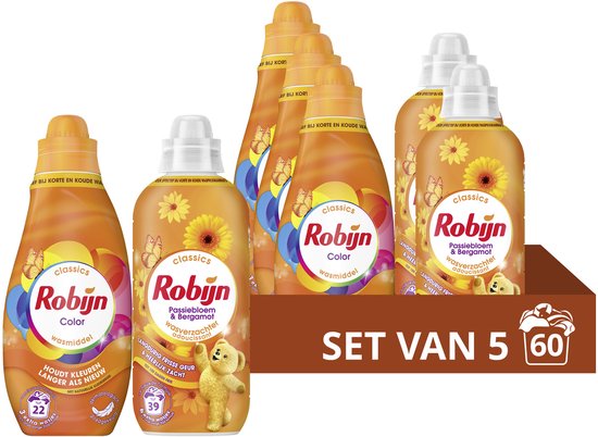 Robijn - Wasmiddel en Wasverzachter Pakket - Color + Passiebloem & Bergamot - 5 stuks - (60 Wasbeurten) - Voordeelverpakking