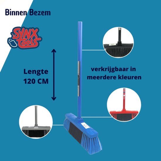 Synx Tools Binnenbezem Blauw + Vloertrekker 75cm met Steel 150cm - Kamerveger - Vloerreiniger - Moppen - Zachte bezem met steel 130cm van Synx Tools — afbeelding 5