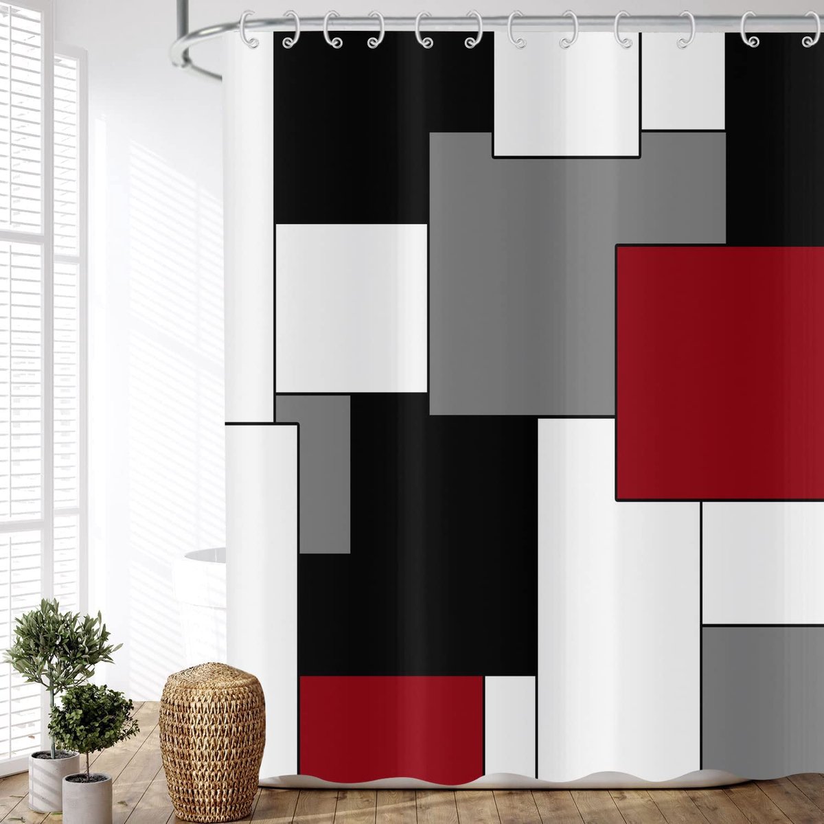 My Ninki ® Modern Abstract Geometrisch Douchegordijn in Rood, Zwart, Grijs en Wit voor Badkuip 180x180 cm