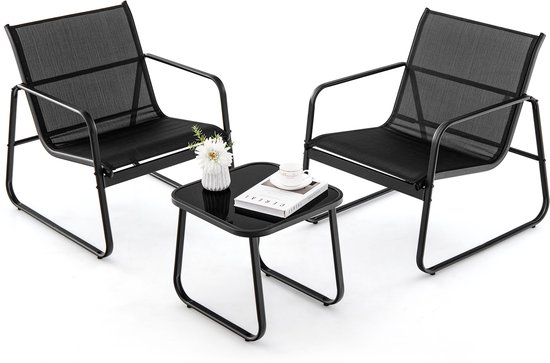 COSTWAY 3-delige tuinmeubelset, balkonset met 2 stoelen en tafel, balkonmeubels met ademende stof, terrasmeubels, tuingarnituur, zitgroep voor terras, balkon, tuin (zwart)
