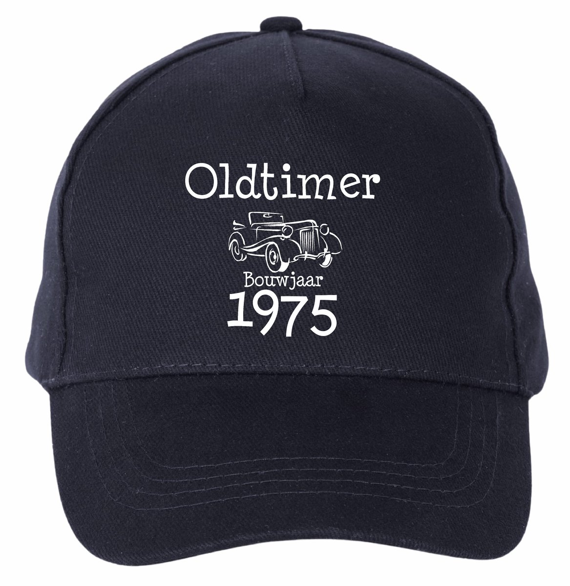 Mijncadeautje - 5 panel - Cap - Verstelbaar - Pet van 100% dik geborsteld katoen- unisex - opdruk wit - Oldtimer 1975 - navy blauw