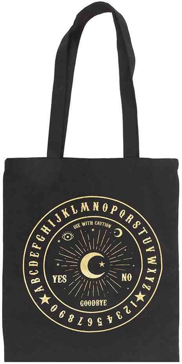 Gothic 'Black and Gold Talking Board' Polycotton Tote Bag - Zwarte Draagtas met Gouden Geestenbord Opdruk - 70 cm