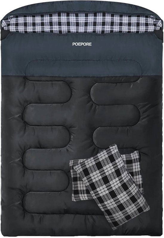 Sac de couchage double en flanelle XXL pour temps froid avec 2 Coussins - Sac de couchage de camping 2 personnes