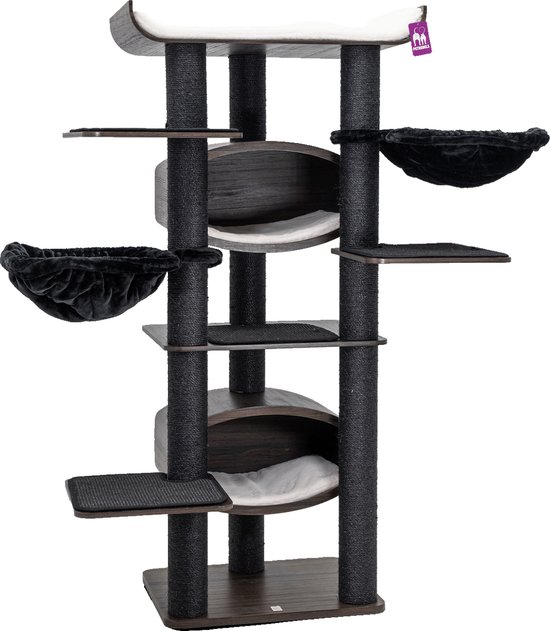 Foto: Krabpaal groot 206 cm hoog xxl kattenboom met 13 krabzuilen 2 platforms 2 holletjes mand hangmat pluche ballen meerlaagse kattenkrabpaal crmewit