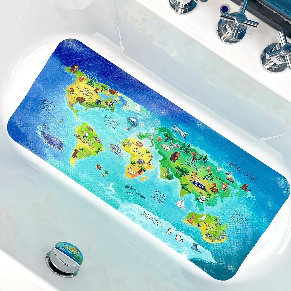 Antislip badmat voor kinderen - XL douchemat met leuke zeedieren (90 x 35 cm)