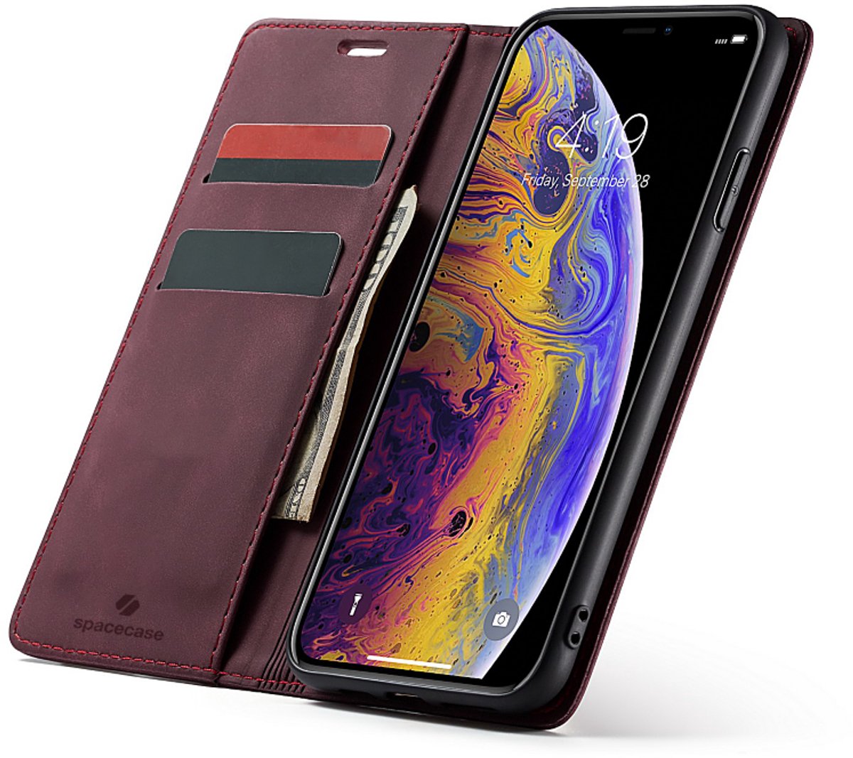 Spacecase Case Portefeuille Voor Iphone X Xs Rood Leer Met Kaarten