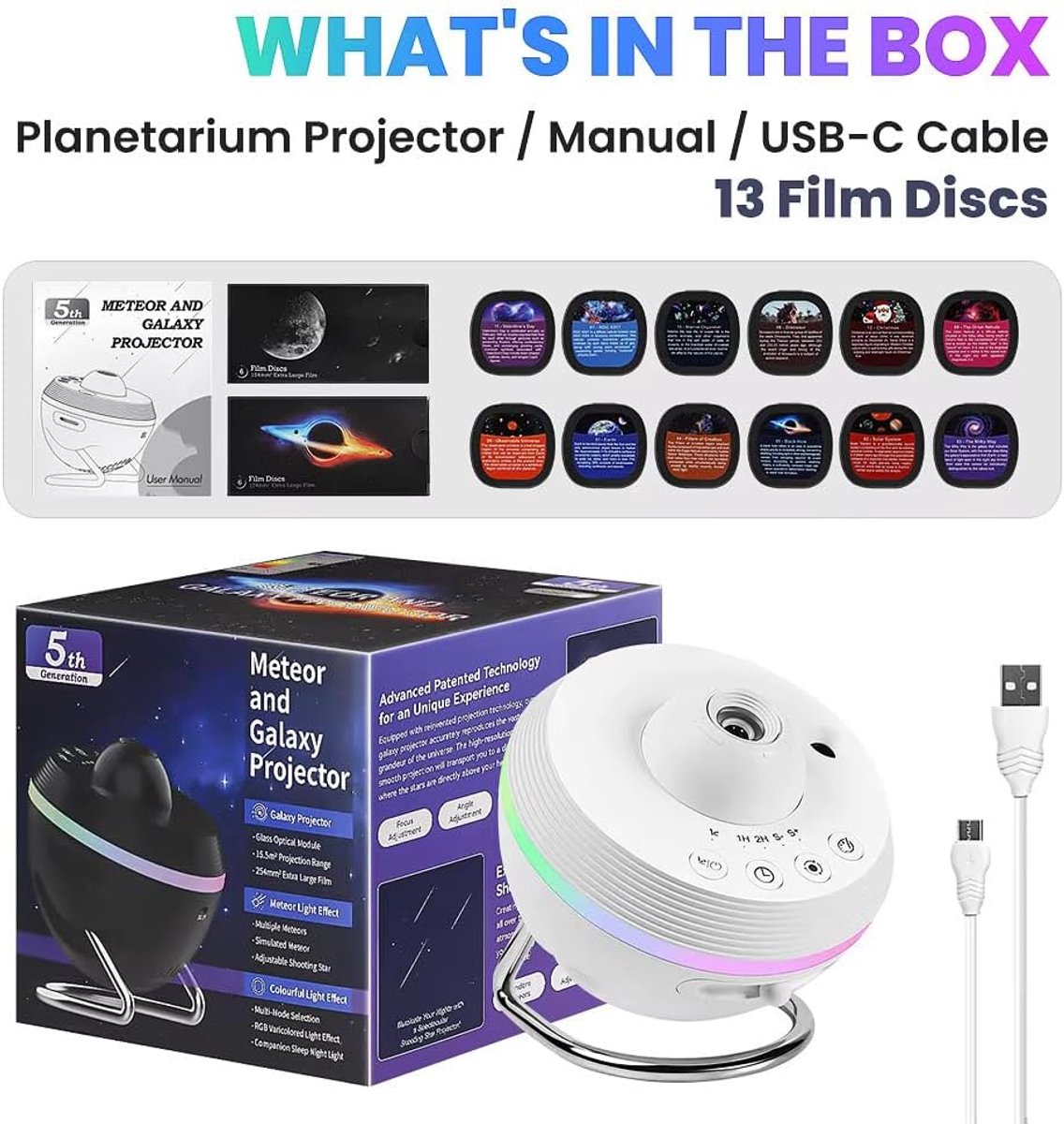 Galaxy Projector - 13 in 1 Planetarium Star Projector - Zonnestelsel Projector voor Kinderkamer Plafonddecoratie - Realistische Sterrenhemel Nachtlamp met Timer, Dynamische Meteoor, RGB Lichteffecten - Wit – foto 6
