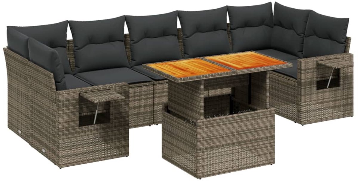 The Living Store 8-delige Loungeset in grijs poly rattan met kussens