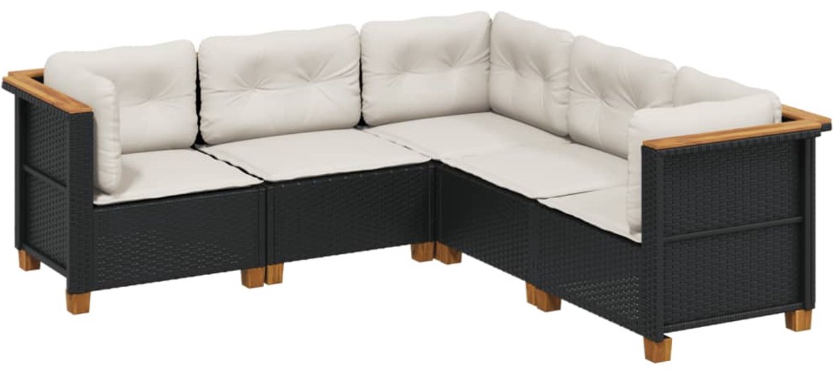 The Living Store 5-delige Loungeset met kussens poly rattan zwart - Loungeset - Lounge Set - Buitendecoratie - Tuinmeubels - Outdoor Furniture