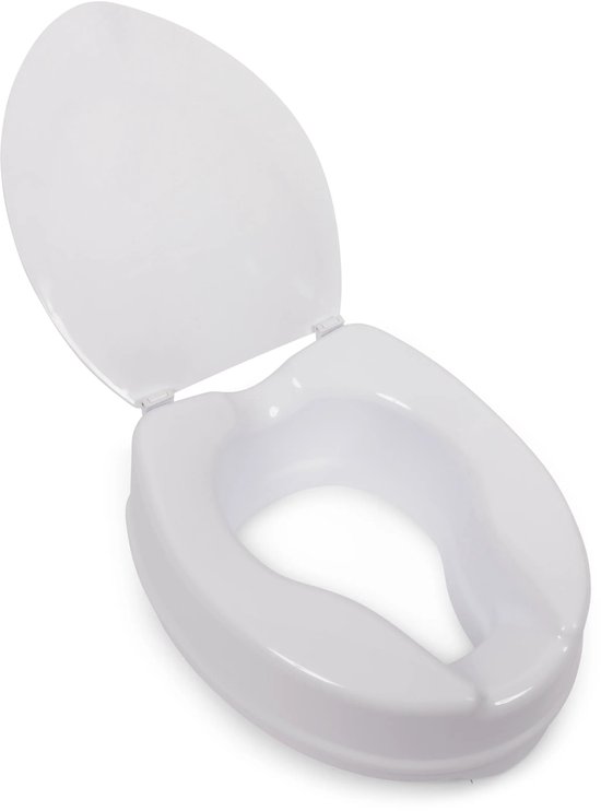 Witte toiletverhoger van 10 cm, ovaal van vorm, met deksel.