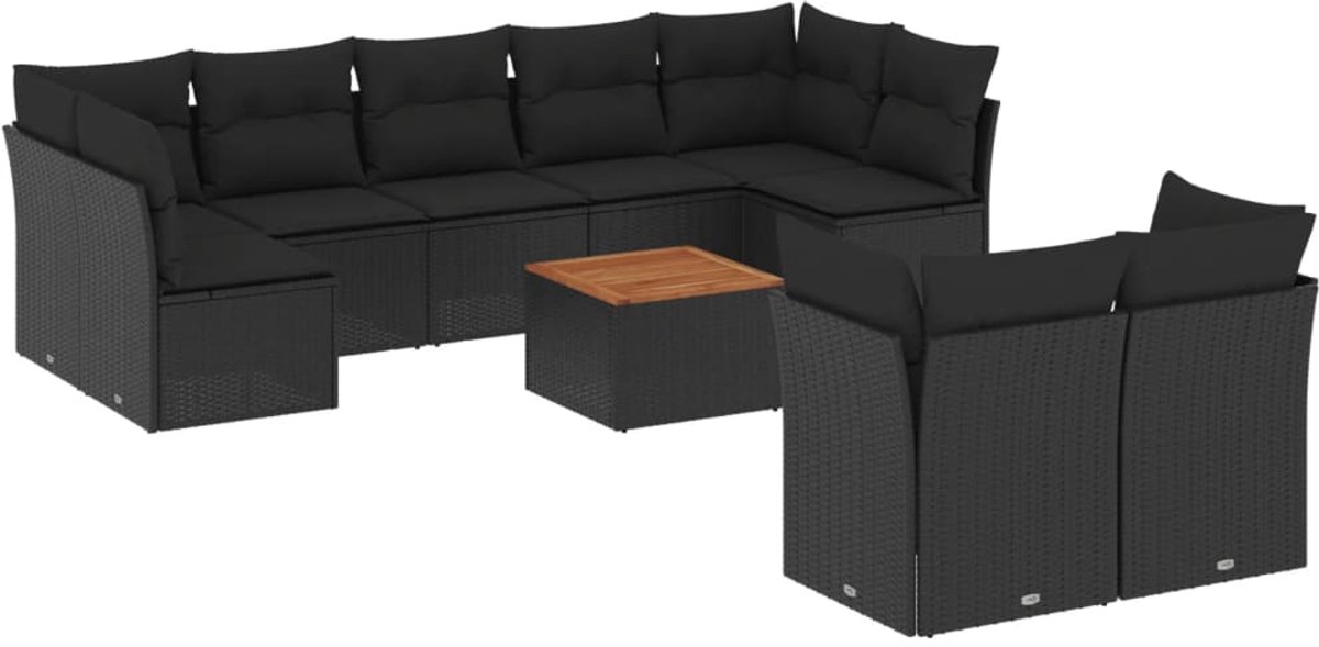 The Living Store zwarte poly rattan loungeset met kussens - tuinmeubelen.