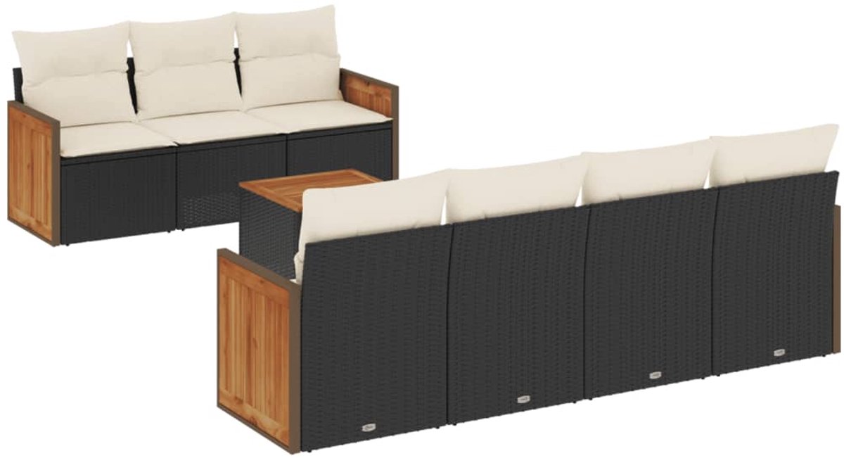 Zwarte poly rattan loungeset met kussens voor tuinmeubels en buitendecoratie.