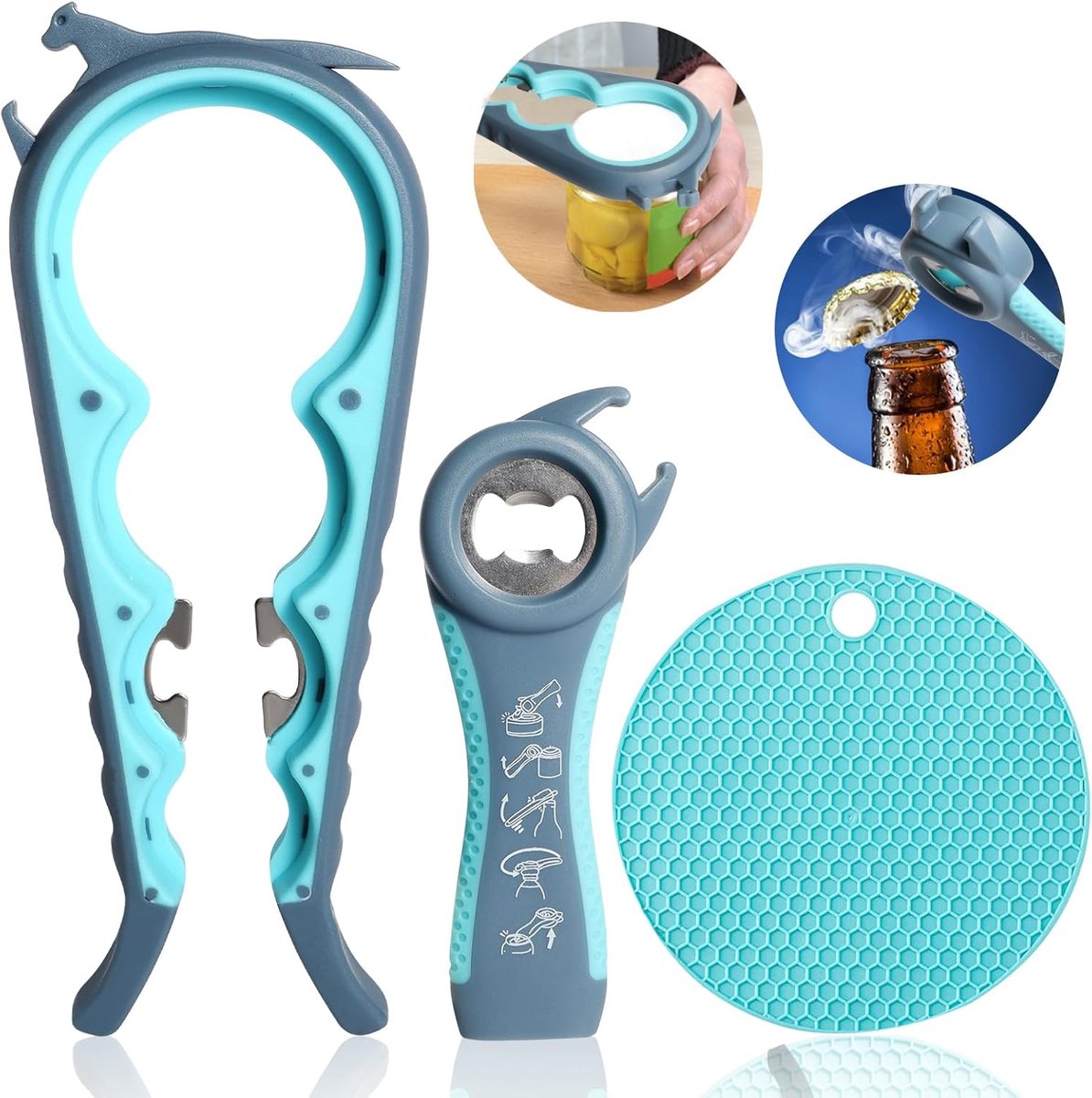 5-in-1 Flesopener en Blikopener voor Senioren - Hulp bij Zwakke Handen en Artritis - Set van 3