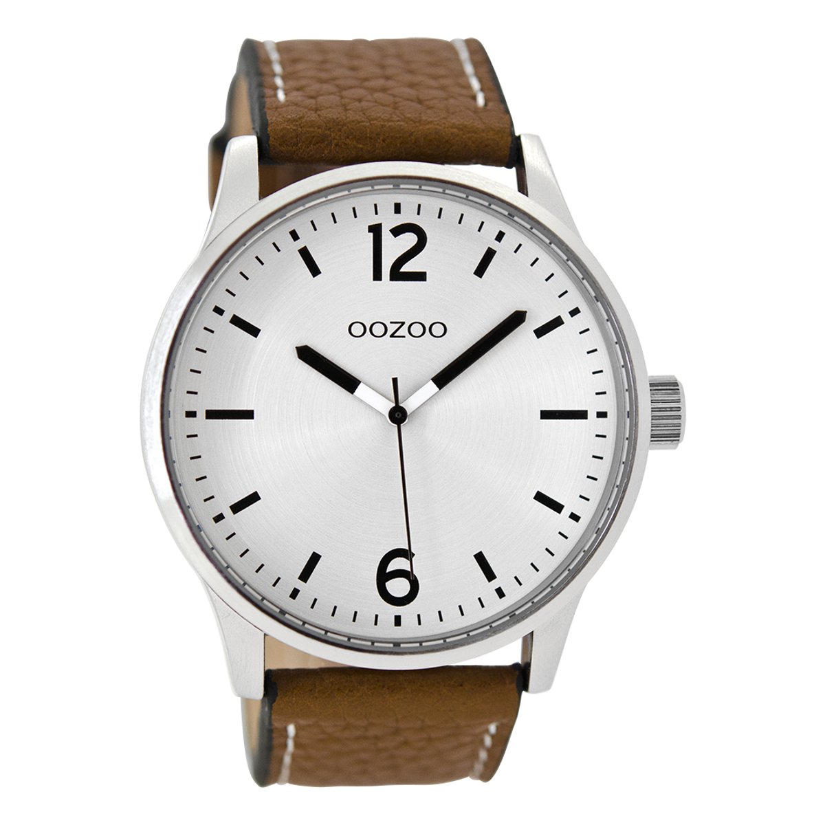 OOZOO Timepieces - Zilverkleurige horloge met cognac leren band - C9045