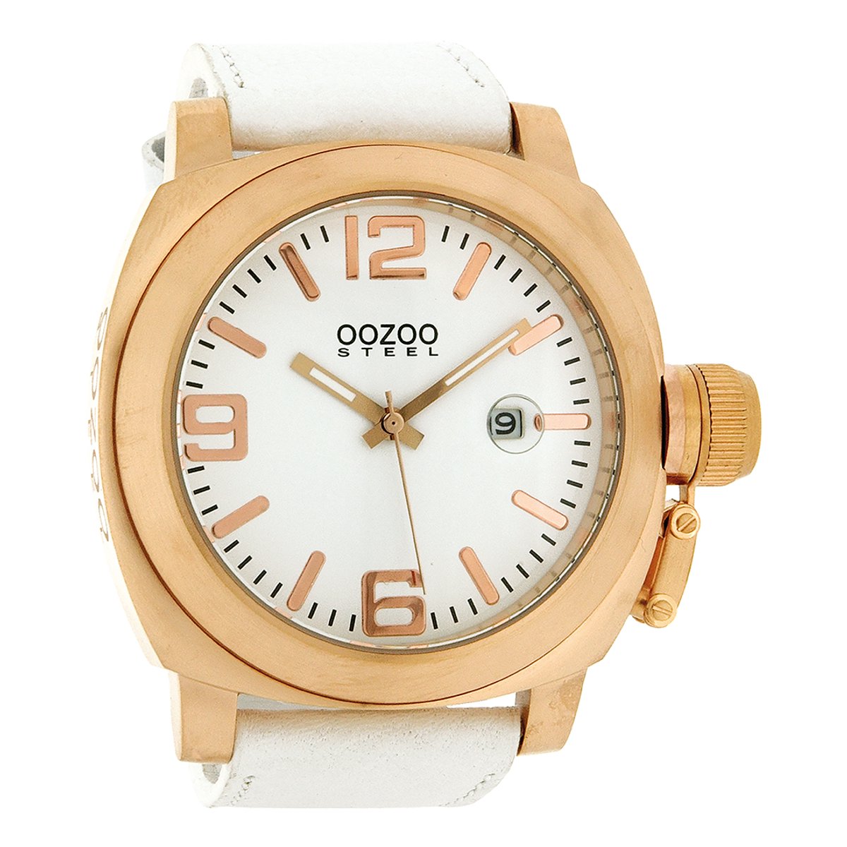 OOZOO Timepieces - Rosé goudkleurige horloge met witte leren band - OS159