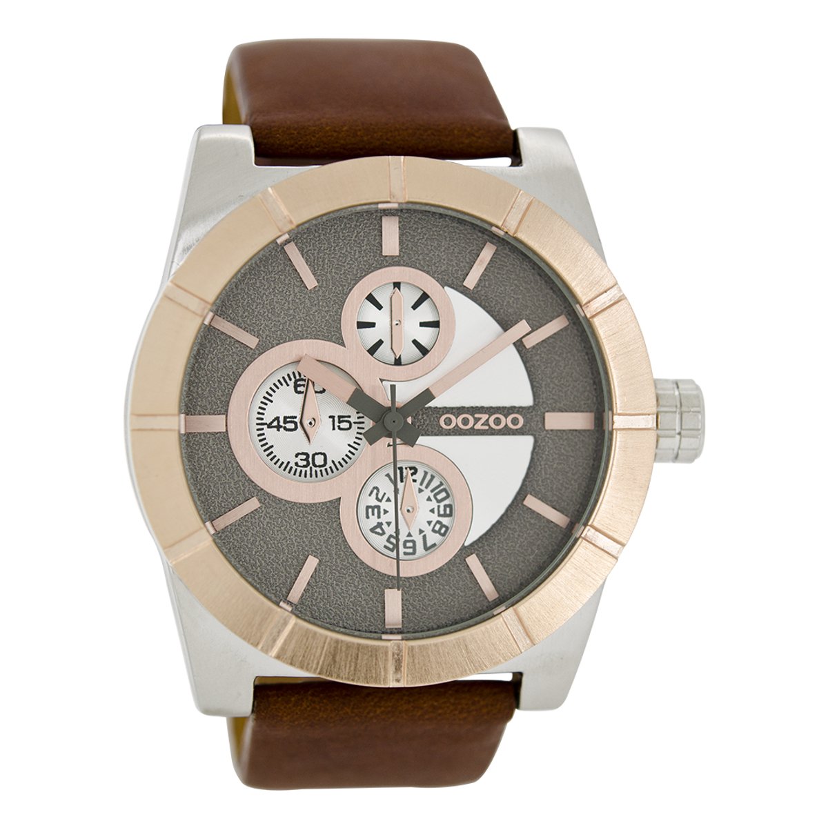 OOZOO Timepieces - Zilverkleurige horloge met bruine leren band - C6432