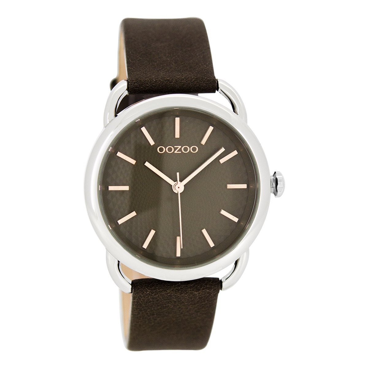 OOZOO Timepieces - Zilverkleurige horloge met bruine leren band - C8719