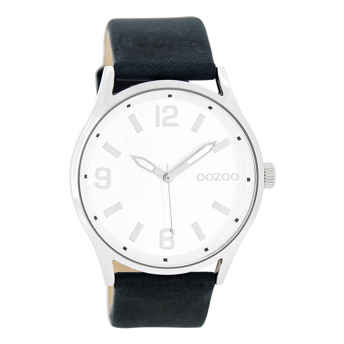 OOZOO Timepieces - Zilverkleurige horloge met donker blauwe leren band - C7924