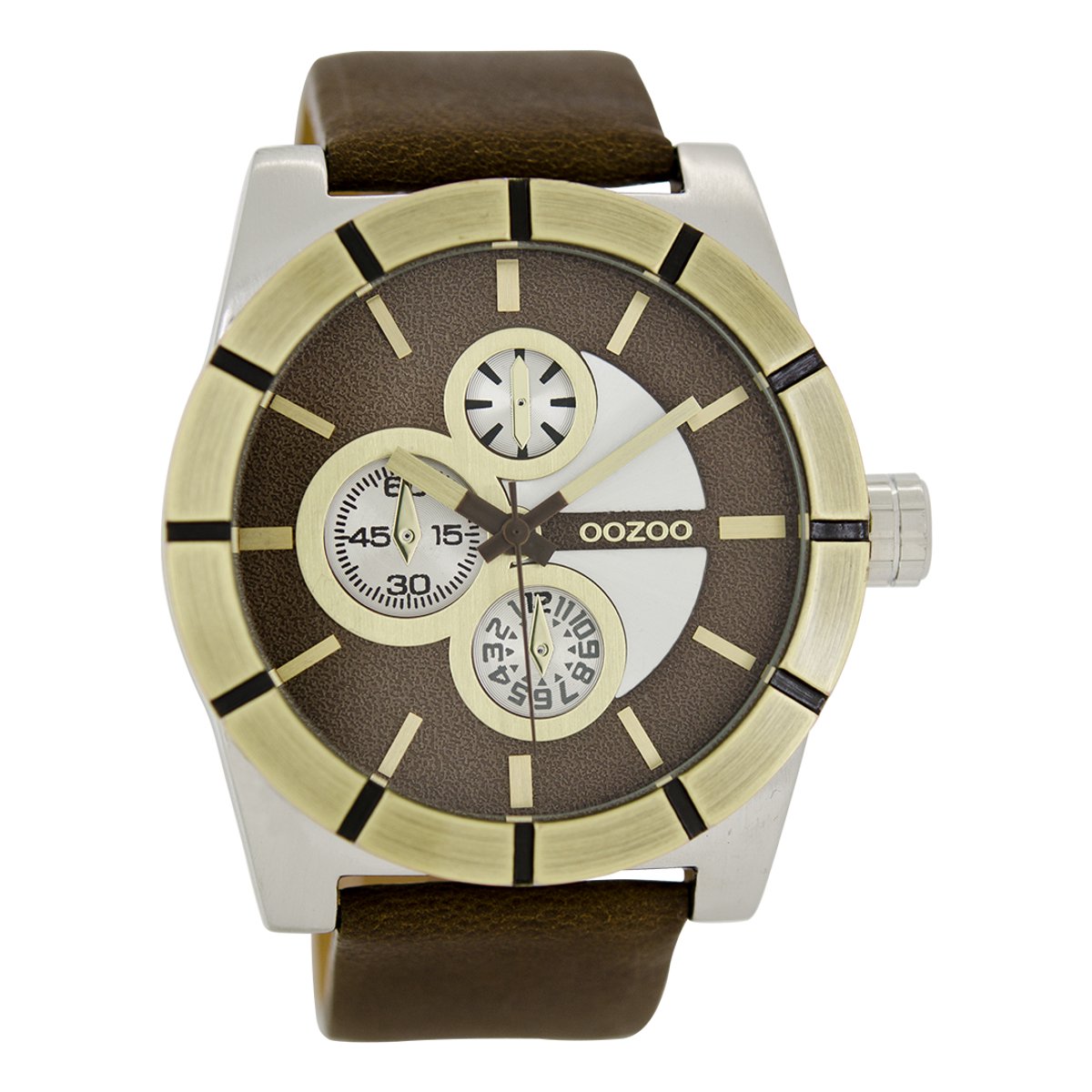 OOZOO Timepieces - Zilverkleurige horloge met donker bruine leren band - C6433
