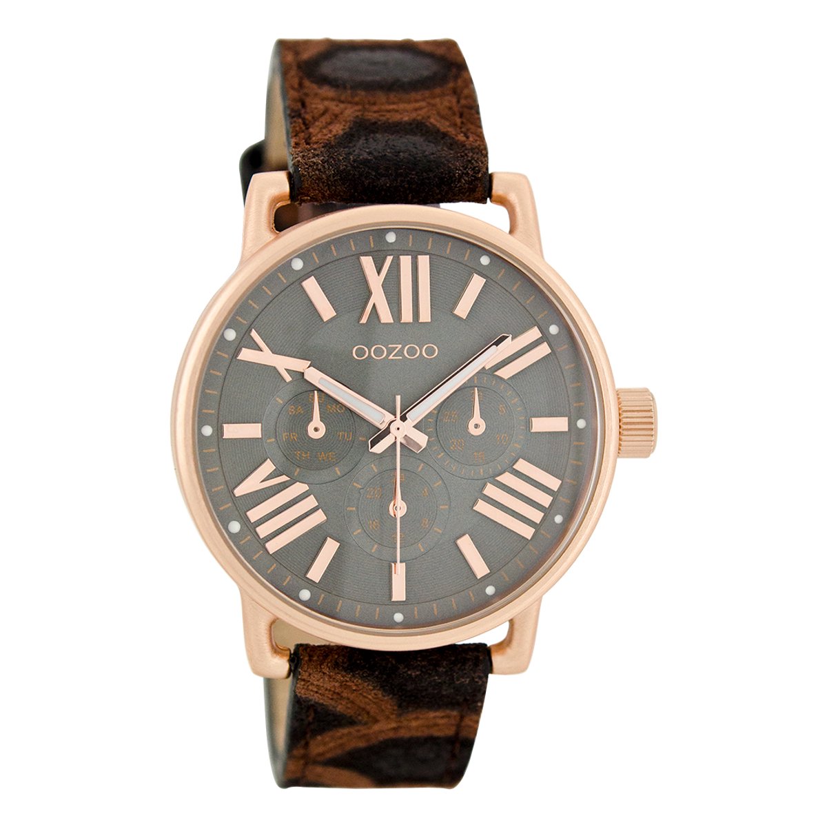 OOZOO Timepieces - Rosé goudkleurige horloge met bruine leren band - C7189