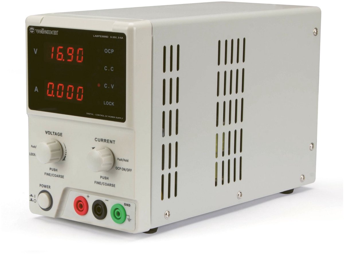 Velleman Laboratoriumvoeding, regelbaar, 0-30 VDC/0-5 A, stroombegrenzing, kortsluitbestendig, lcd-scherm, grijs