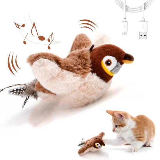 PurrFlight Pro - Vogelspeeltje voor Katten - Geluid Speeltje met Fladderende Vleugels - Interactief Kattenspeelgoed met 10 Zakjes Kattenkruid - USB Oplaadbaar