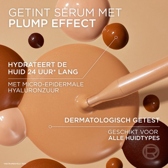 Getinte serum met plump effect, hydrateert 24 uur met micro-epidermale hyaluronzuur. Dermatologisch getest, geschikt voor alle huidtypes.