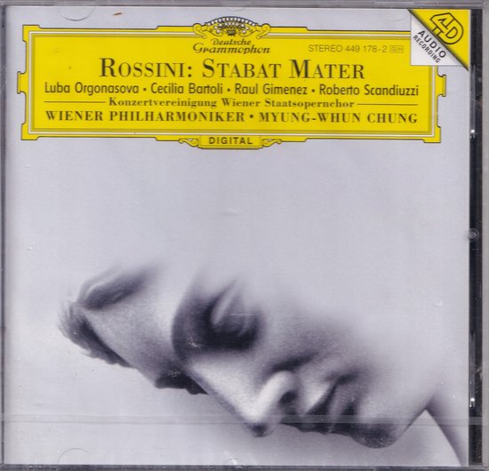 Hoestekst van Rossini's Stabat Mater met portret van een vrouw en informatie over artiesten en orkest. Deutsche Grammophon-logo.