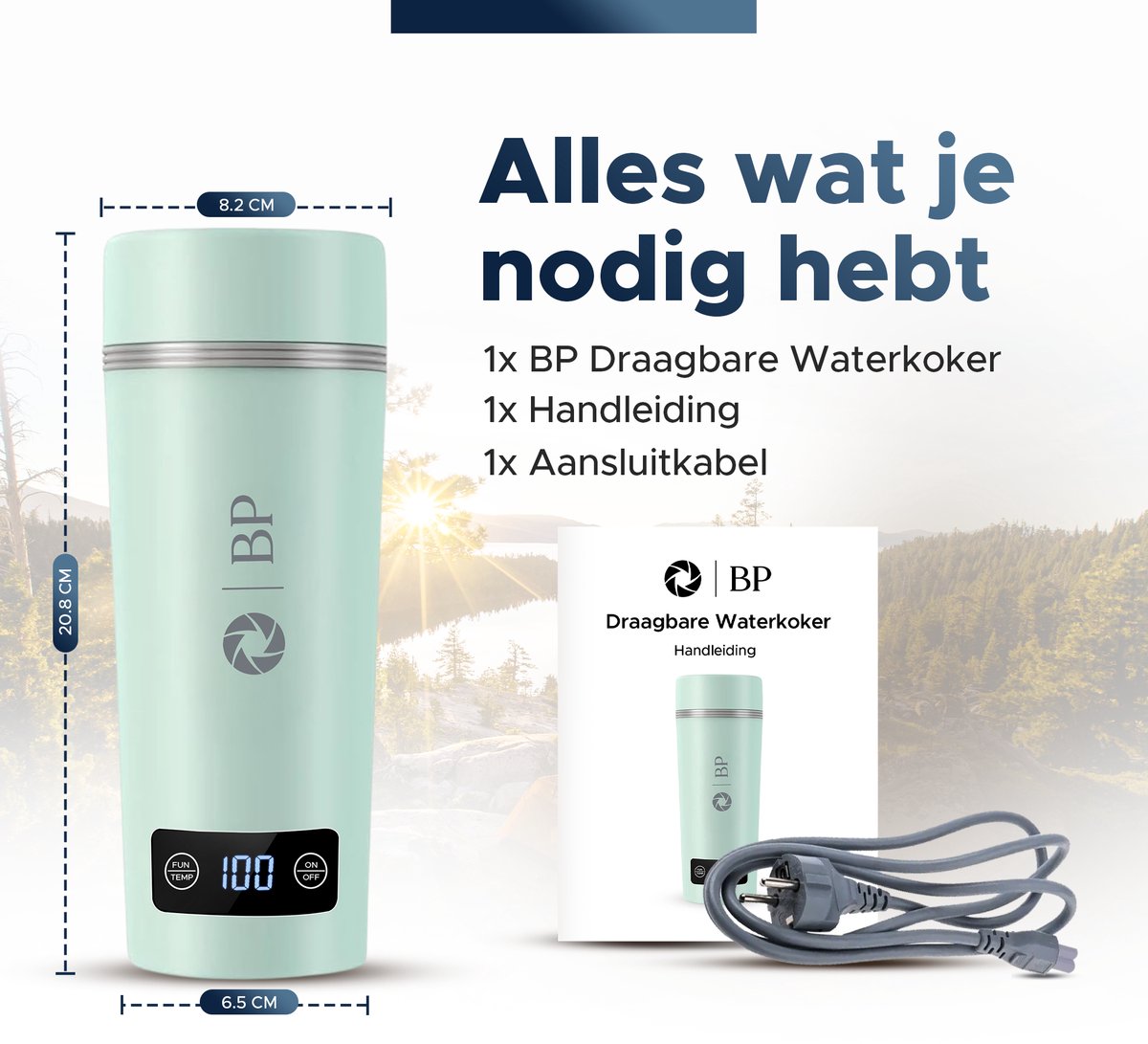 BP® Draagbare Waterkoker - Mini Waterkoker - Kleine Waterkoker - Reis Waterkoker - Camping Waterkoker - Met Temperatuurregeling - Roestvrij Staal - Groen – foto 8
