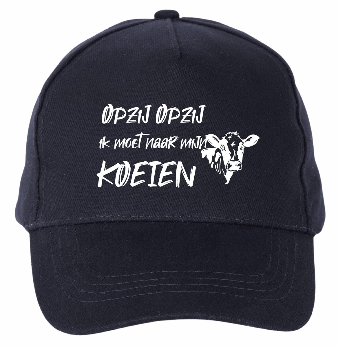 Mijncadeautje - 5 panel - Cap - Verstelbaar - Pet van 100% dik geborsteld katoen- unisex - opdruk wit - opzij opzij naar mijn koeien - navy blauw