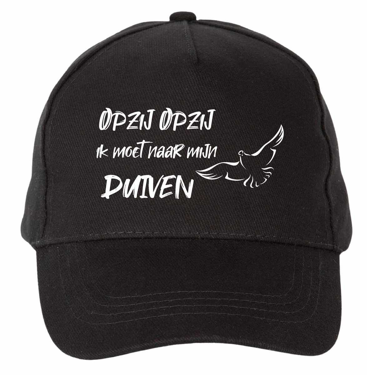 Mijncadeautje - 5 panel - Cap - Verstelbaar - Pet van 100% dik geborsteld katoen- unisex - opdruk wit - opzij opzij naar mijn duiven - zwart