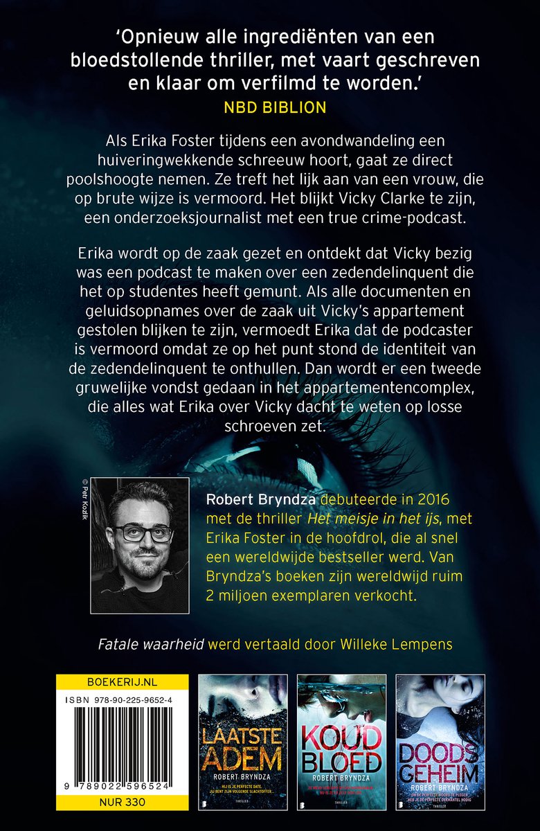 Boekomslag met tekst, foto van Robert Bryndza, andere boekomslagen en ISBN.