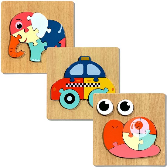 3D Puzzels - 3 Houten constructiepuzzels - Educatief speelgoed - Cadeau - Peuter - Dreumes - Voor in de auto - Voor onderweg - Kinderspeelgoed - 2 jaar - 3 jaar - 4 jaar - Jongens - Meisjes