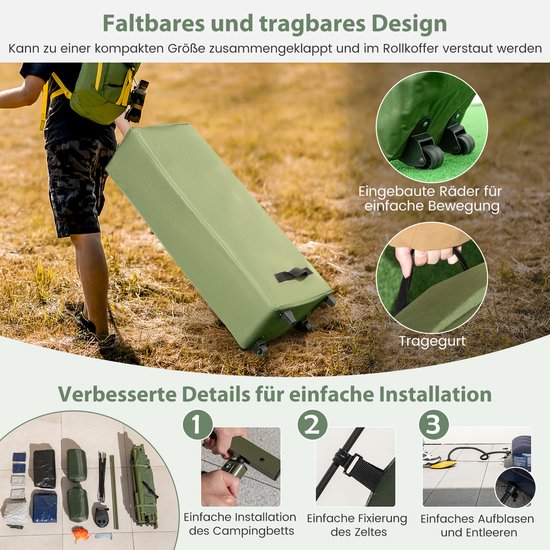 COSTWAY Veldbed met tent voor 2 personen, campingbed met voortent, luchtmatras, slaapzak en 2 kussens, campingligstoel met draagtas op wielen, 194 x 145 x 187 cm van Costway — afbeelding 3