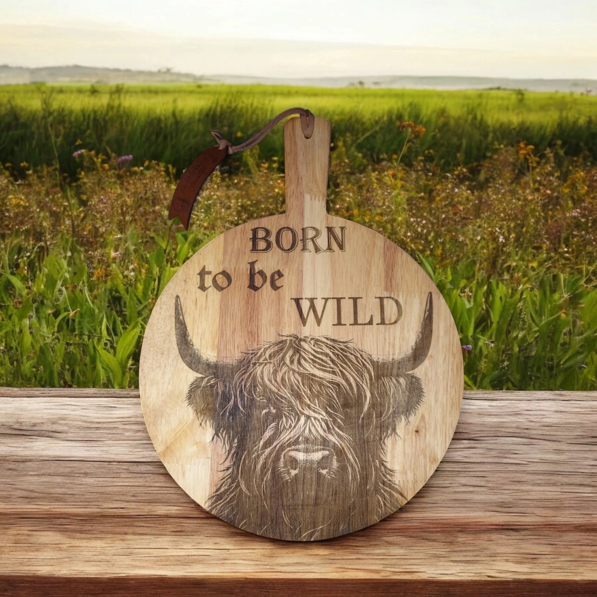 Baardmans Creaties - Luxe plantaardig geoliede serveerplank rond - Schotse hooglander - born to be wild