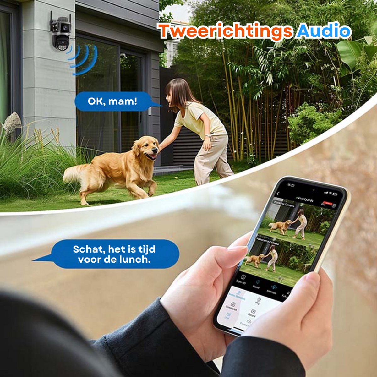 Afbeelding 2 van MrGoods - Beveiligingscamera Voor Buiten en Binnen V2 - Buiten Camera met Nachtzicht - Dubbele Lens 6MP - 360° Dekking - Met 2.4G & 5G WiFi en APP - Bewegingsdetectie en alarm - Tweerichtingsgesprek - Camerabewaking