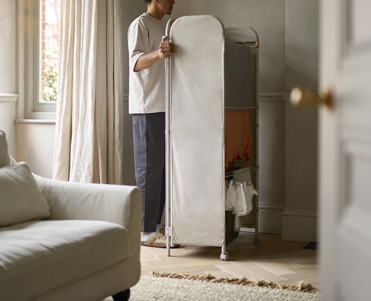Joseph Joseph Eclipse 3-Layer Adjustable Laundry Rack, Integrated Fabric Cover, Steel Tubes, With Wheels, Flat Foldable, 14kg/14m Capacity