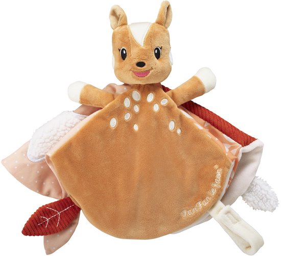 Bruin hertje knuffeldoekje met witte stippen, rode en roze accenten, en een bladvormige rammelaar.