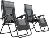 LifeGoods Ligstoelen Comfort - Opvouwbaar - 30°-90° Verstelbaar - Beker en Telefoonhouder - Tuinstoelen - Zwart/Grijs