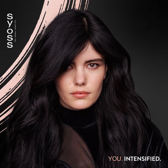 Close-up van een model met lang, golvend zwart haar en bruine ogen, met een zachte roze veeg op de achtergrond. Tekst: 'YOU. INTENSIFIED.'