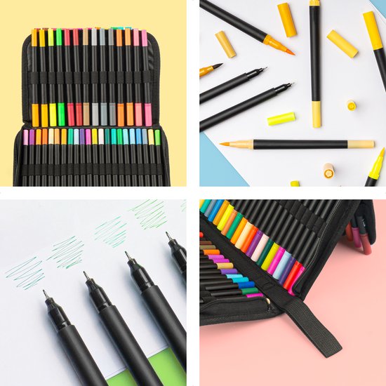 Brushpennen Dual Tip Twinmarkers Fineliners en Penseelstiften - Perfect voor Bullet Journaling, Handlettering en Aquarelkunst - 72-delige Set