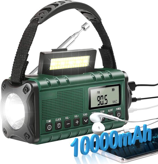 Noodradio solar opwindbaar - Survival Noodpakket - Preppakket - 10.000 mAh - Zonneenergie - Multifunctioneel - Handmatige Oplader, Zaklamp, Leeslamp, Powerbank, AM/FM/WB