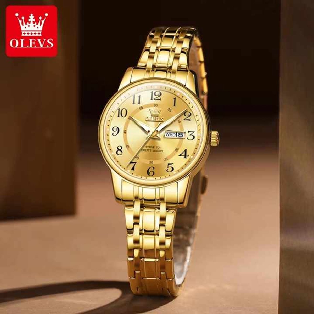 HO-2891.g : Olevs goudkl edelstaal dames horloge, wijzerplaat met zwarte cijfers, dagaanduiding