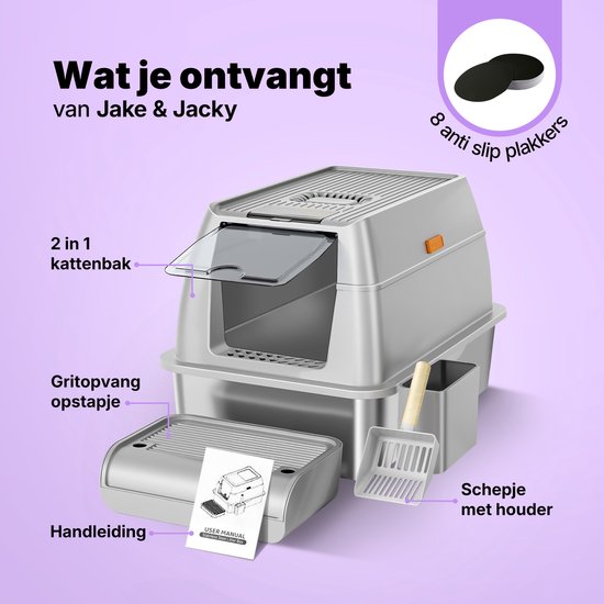 Jake and Jacky RVS Kattenbak - Kattentoilet Roestvrijstaal - Incl. Kattenbakschep met Houder en Gritopvang Opstapje - 2 in 1 Open Kattenbak met Afneembare Deksel - 60x40x38cm - Grijs
