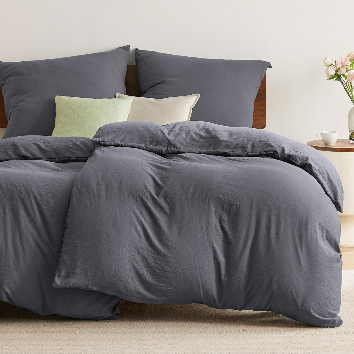 Unyqoos ® Beddengoed Set 135 x 200 cm in Luxueuze Voorgewassen Katoen Textuur met Ritssluiting antraciet