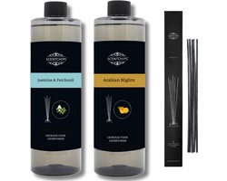 Navulling Jasmine patchouli + arabian nights + geurstokjes - Geurstokjes Navulling Set van 2 + 5 Geurstokjes - Geurverspreider - Luchtverfrisser - Huisparfum - 400ml x 2