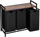 Brixy Wasmand 3 Vakken - Wassorteerder - Uitschuifbaar - Wasbox Metaal - 117L Inhoud - 90 x 33 x 70 cm - Zwart/Bruin
