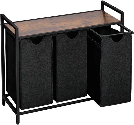 Brixy Wasmand 3 Vakken - Wassorteerder - Uitschuifbaar - Wasbox Metaal - 117L Inhoud - 90 x 33 x 70 cm - Zwart/Bruin
