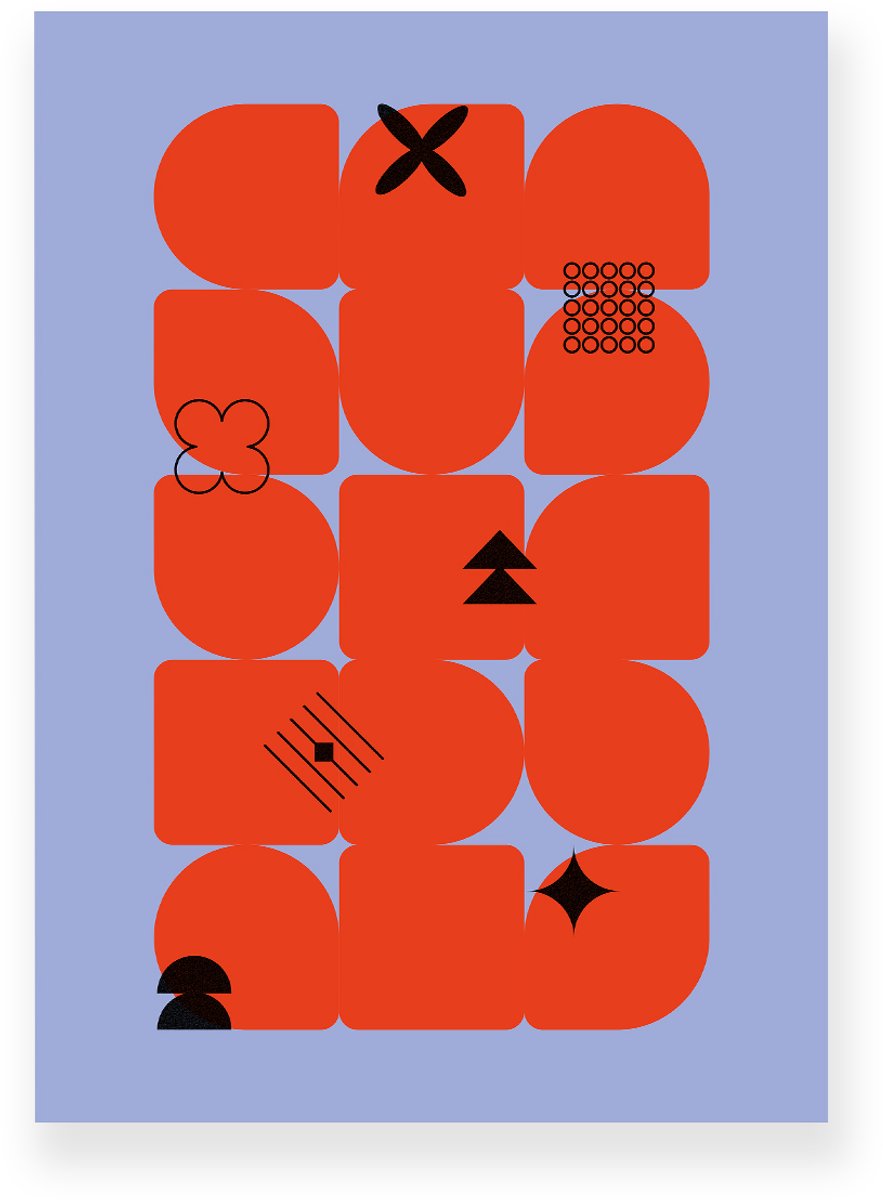 Yisual Poster 50x70 cm - Geometrische Vormen - Abstracte Symbolen - Oranjerood - Blauw - Minimalistisch - Grafisch - Muurdecoratie - Wanddecoratie